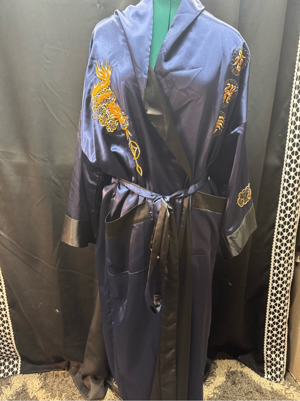 Embroidered Satin Navy Kimono Robe with Gold Detailing Reversible!